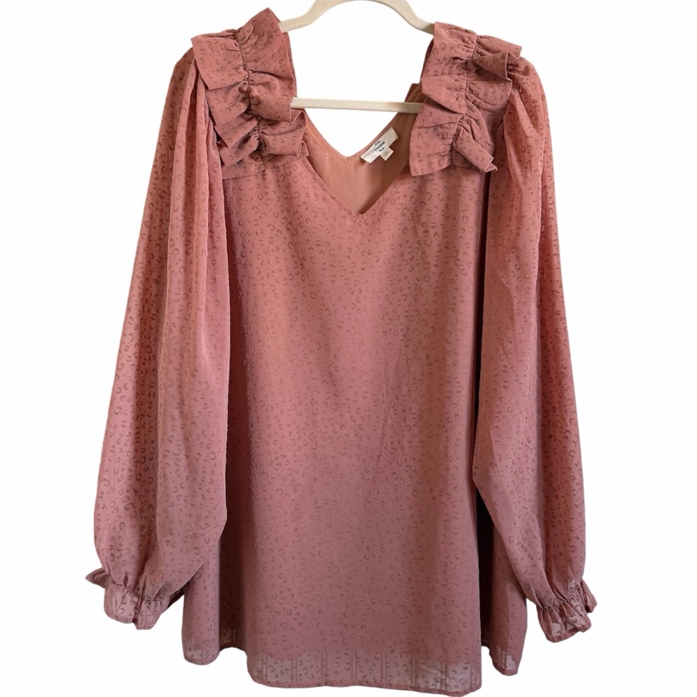 Entro Dusty Rose Leopard Textured Ruffle Shoulder Blouse - Size XL
